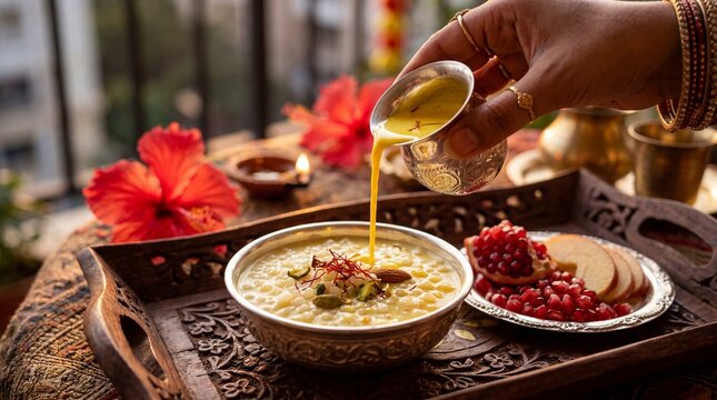 Hand pouring saffron milk into sabudana kheer for a festive Navratri bhog.