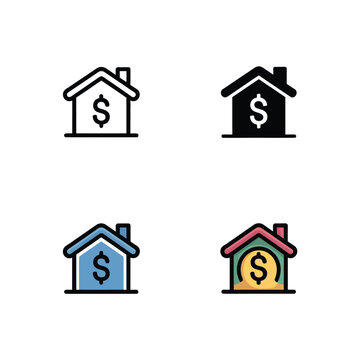Mortgage house icons set, home with dollar symbol, real estate loan seminar, property investment workshop, first time buyer guide vector