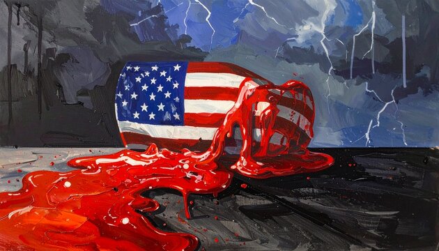 Broken American flag capsule bleeding red paint under stormy lightning sky, symbolizing turmoil, patriotism, conflict, and fractured national identity.