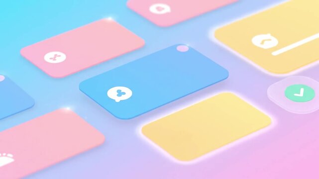 A colorful digital interface with various app icons and buttons on a 4K screen, showcasing a modern design with a pastel color scheme.
