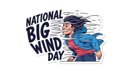 Fototapeta premium A digital illustration depicts National Big Wind Day with a cartoon man struggling against a strong blowing wind effect, rendered in a vibrant, flat style against a clean white background