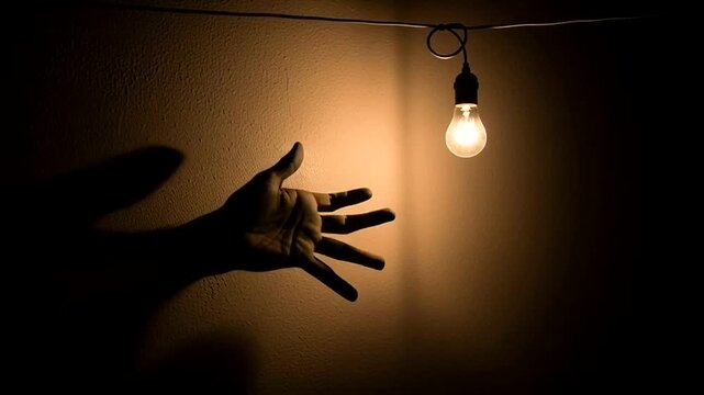 Hand Reaching for Hanging Light Bulb.