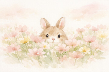 Fototapeta premium Adorable watercolor bunny peeking through a field of soft blooming spring flowers