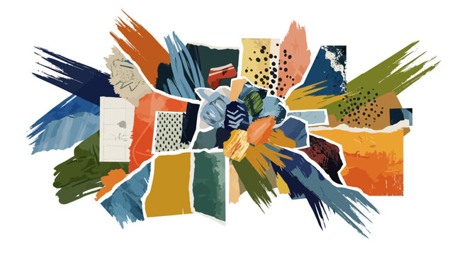 Abstract collage of colorful torn paper and brush strokes