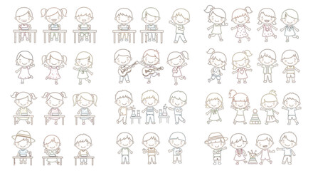 Obraz premium Cute cartoon kids learning and creative activities vector set with children drawing music and science isolated on white