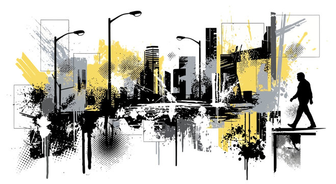 Abstract urban cityscape with grunge elements and a walking man silhouette