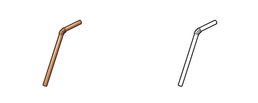Flexible drinking straw colored illustration and black line art objects represent disposable beverage accessory for sipping liquids on a white background without texture