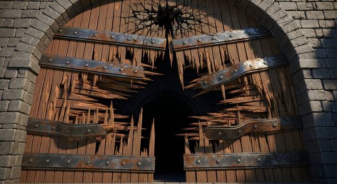 Closeup of a heavily damaged and splintered wooden gate with rusty metal reinforcements set in a stone archway