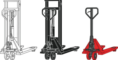 Manual pallet jack, hydraulic stacker set, flat vector illustration, industrial warehouse equipment, forklift icons, lifting machinery, black outline and red colors © MdMehedi