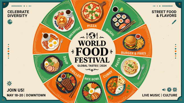 World food festival poster with circular layout of international dishes, colorful cuisine illustration for restaurant events, street food promotion and global culinary celebration