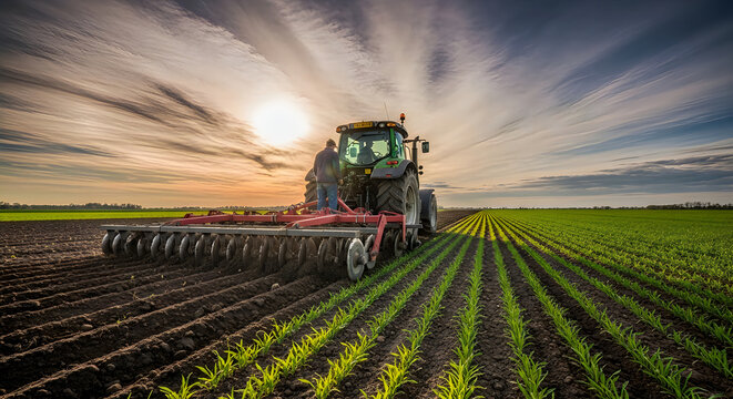 Farmer operating tractor with disk harrow on fertile soil preparing land for crops bright sun illuminating dramatic clouds in sky agricultural process rural setting.