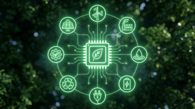 A vibrant neon circuit board with a prominent leaf symbol at its core connects diverse renewable energy icons against blurred green foliage.