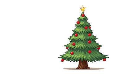 Fototapeta premium Tall green Christmas tree with a thick brown trunk decorated with red ornaments and a golden star on top isolated on white.