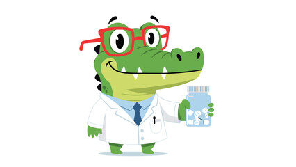 Obraz premium Friendly cartoon crocodile doctor wearing a white coat and glasses holds a bottle of pills to promote health and medicine.