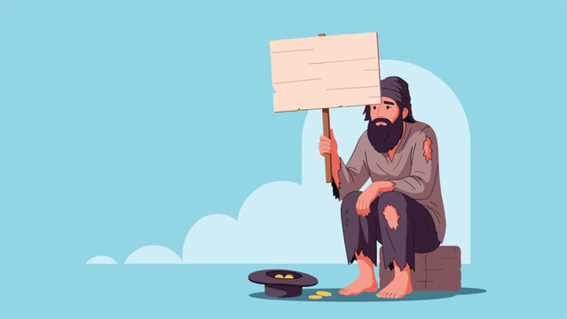 Poor homeless man with a beard sitting on a box and holding a blank cardboard sign while begging for help on a blue background.