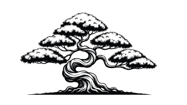 Artistic black and white bonsai tree illustration with a twisted trunk and layered foliage representing zen and tranquility.
