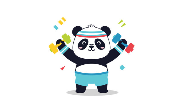 Cute cartoon panda character wearing a headband and shorts while lifting colorful dumbbells for a fun fitness workout.