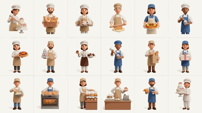 Baker and food seller characters collection with chefs, market vendors and shop staff, flat vector profession set isolated on white background