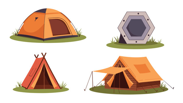 Set of four different camping tent designs including a dome tent, a teepee, a hexagonal tent, and a cabin tent placed on green grass.