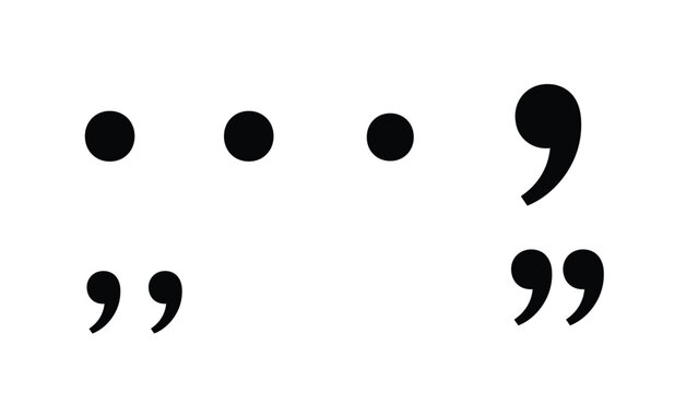Collection of basic punctuation marks including dots, commas, and quotation marks displayed in a simple black and white graphic layout.