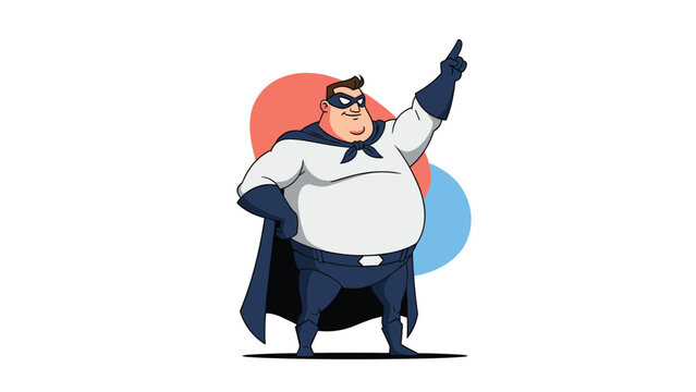 Strong superhero character with a large build wearing a blue mask and cape pointing upwards against a colorful abstract background.