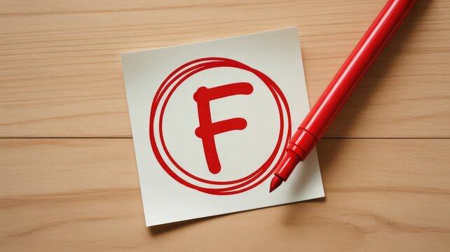 Red marker pen rests beside a square piece of paper displaying a failing letter grade f circled in bright ink