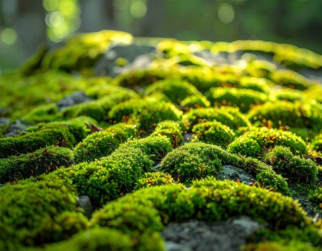 Vibrant Green Moss Blanketing Rocks in a Sun-Dappled Forest.