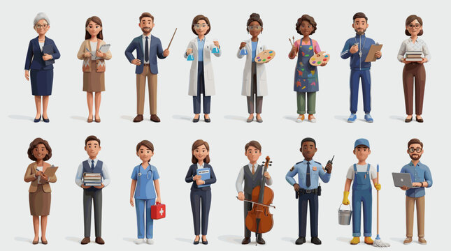 Diverse professional workers collection with pilot, doctor, police officer, chef, musician and service staff, flat vector character set isolated on white background