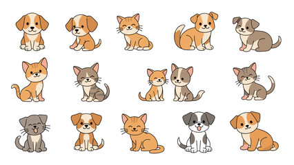 Fototapeta premium Large set of adorable cartoon puppies and kittens in various poses, featuring different breeds, colors, and friendly expressions.