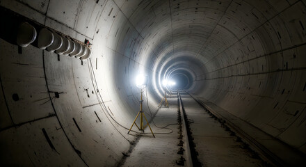 Fototapeta premium Industrial tunnel construction site with concrete walls and railway tracks