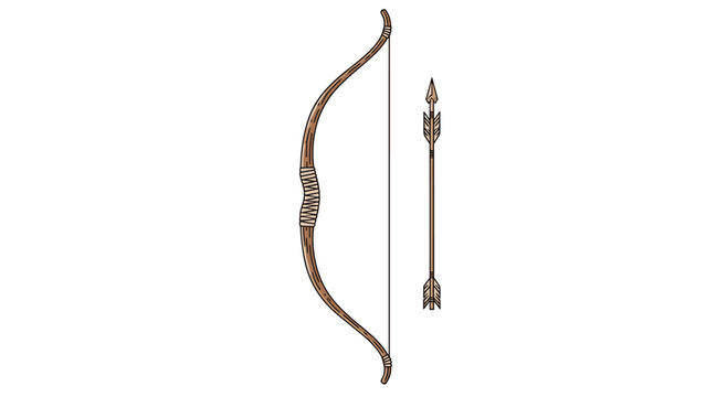 Detailed illustration of a traditional wooden recurve bow and a feathered arrow, representing archery sports and historical hunting tools.