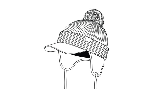 Black and white line drawing of a warm winter trapper hat with protective earflaps a front brim and a pom pom.