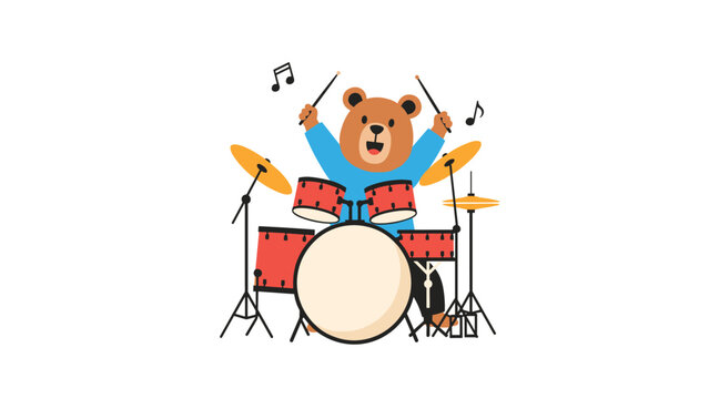 Happy cartoon bear playing a full red drum set with floating musical notes in a fun and cheerful performance.