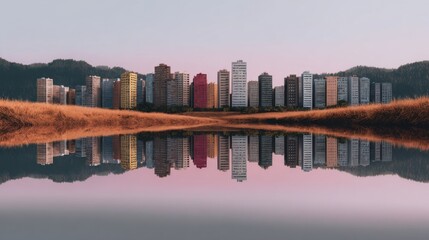 Obraz premium Urban skyline reflected in calm water during sunset surrounded by grassy land and distant mountains in serene landscape