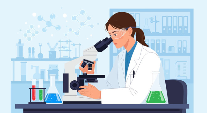 Female scientist using a microscope in laboratory setting