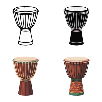 Hand drum collection, djembe percussion icons, folk music event poster, community drum circle, cultural arts festival branding, vector illustration set