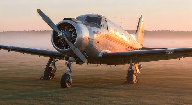 Vintage silver propeller airplane parked on a grassy airfield during a misty sunrise