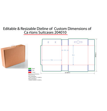 Dieline template for suitcase-style cardboard box with dimensions
