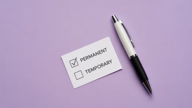 White card with a checked box for permanent and an unchecked box for temporary placed next to a sleek pen