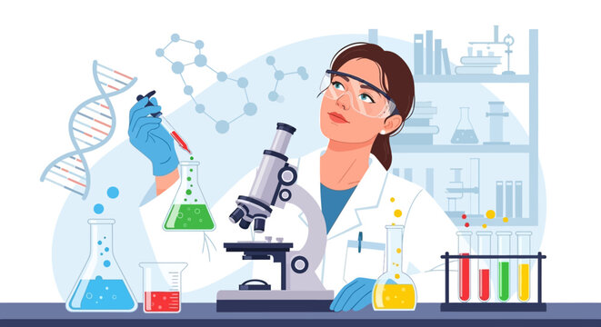 Female scientist in lab coat working with microscope and colorful chemicals