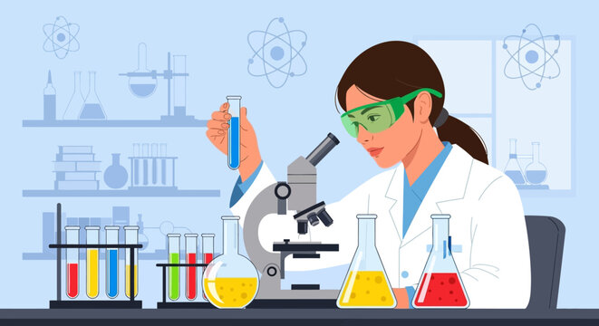 Female scientist in lab coat working with microscope and test tubes