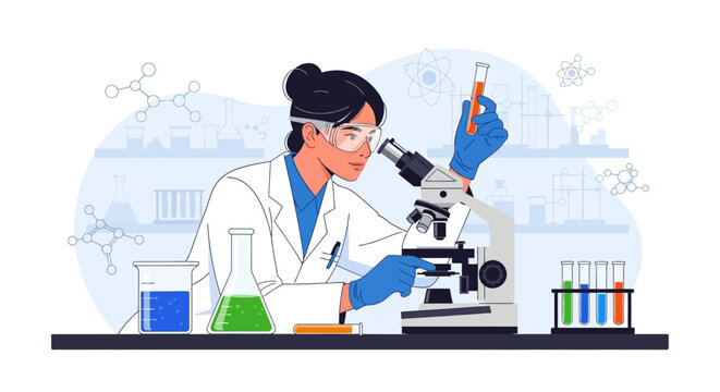 Female scientist in lab coat using microscope in laboratory setting
