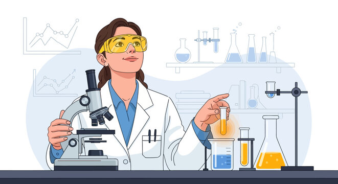 Female scientist in lab coat working with microscope and test tubes