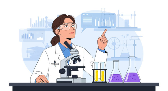 Female scientist in lab coat working with microscope and test tubes