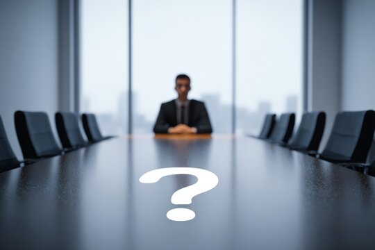 Confident businessman sitting alone at the end of a conference table with questionmark icon 