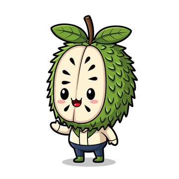 Chibi soursop fruit mascot character with a green spiky outer skin and sliced open white interior showing black seeds, wearing a white shirt and dark pants, isolated on white background.