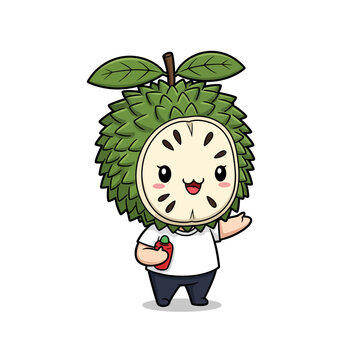 Cute chibi soursop fruit character mascot wearing a white t-shirt and dark pants holding a red chili pepper, vector illustration with spiky green skin and white face, isolated on white.