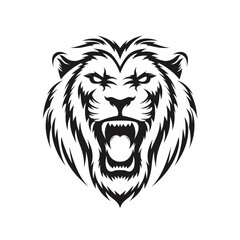 Fototapeta premium Roaring lion head mascot vector, aggressive lion face logo with sharp teeth, black and white feline predator illustration for sports branding