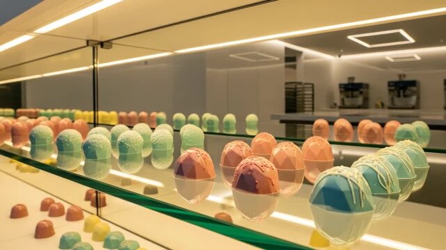 Display of colorful confections inside glass cabinet
