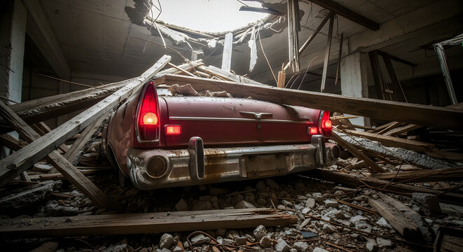 Vintage red car abandoned in a ruined building with debris and collapsed roof
